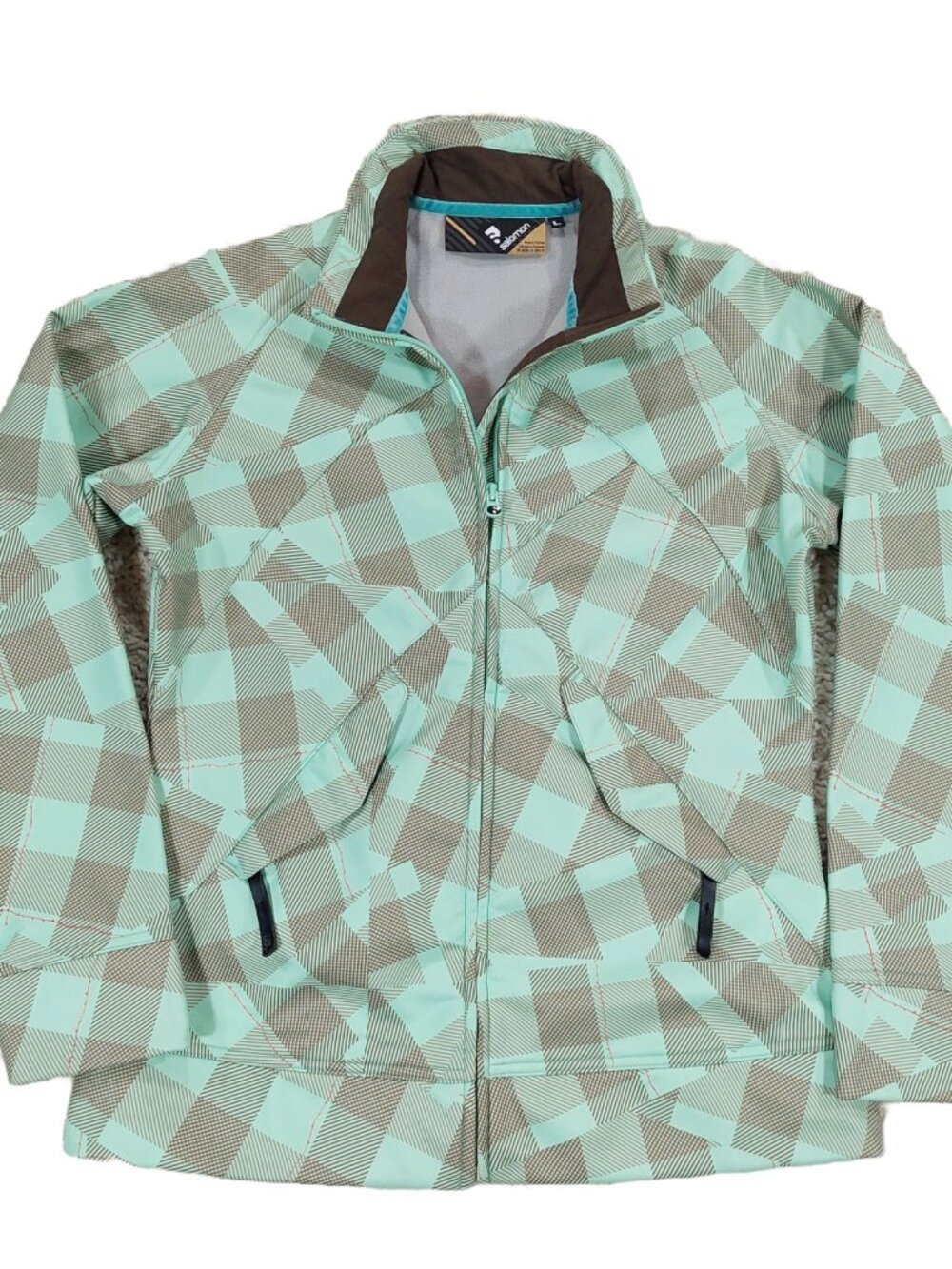Salomon Women's Fleece Lined Softshell Gorpcore Jacket Sz L, Geometric Mint
